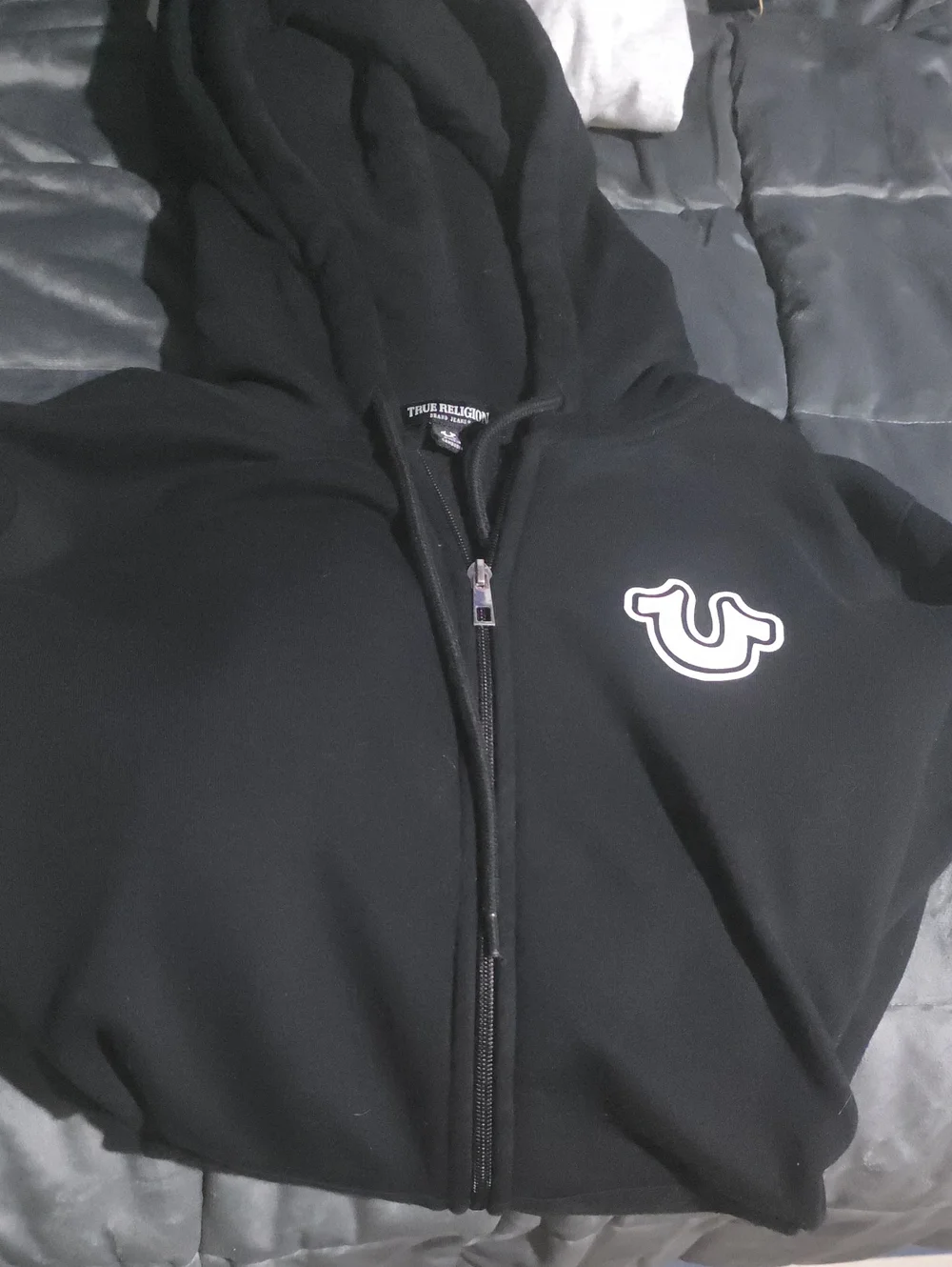True Religion Mens Black Zip Hoodie with White Logo